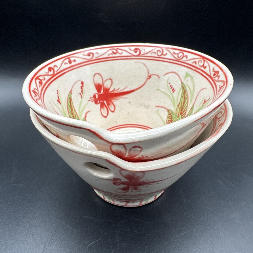 Vietnamese Art‎ Pottery Rice Bowls Bat Trang Dragonfly Red Cream Vintage Set 2
